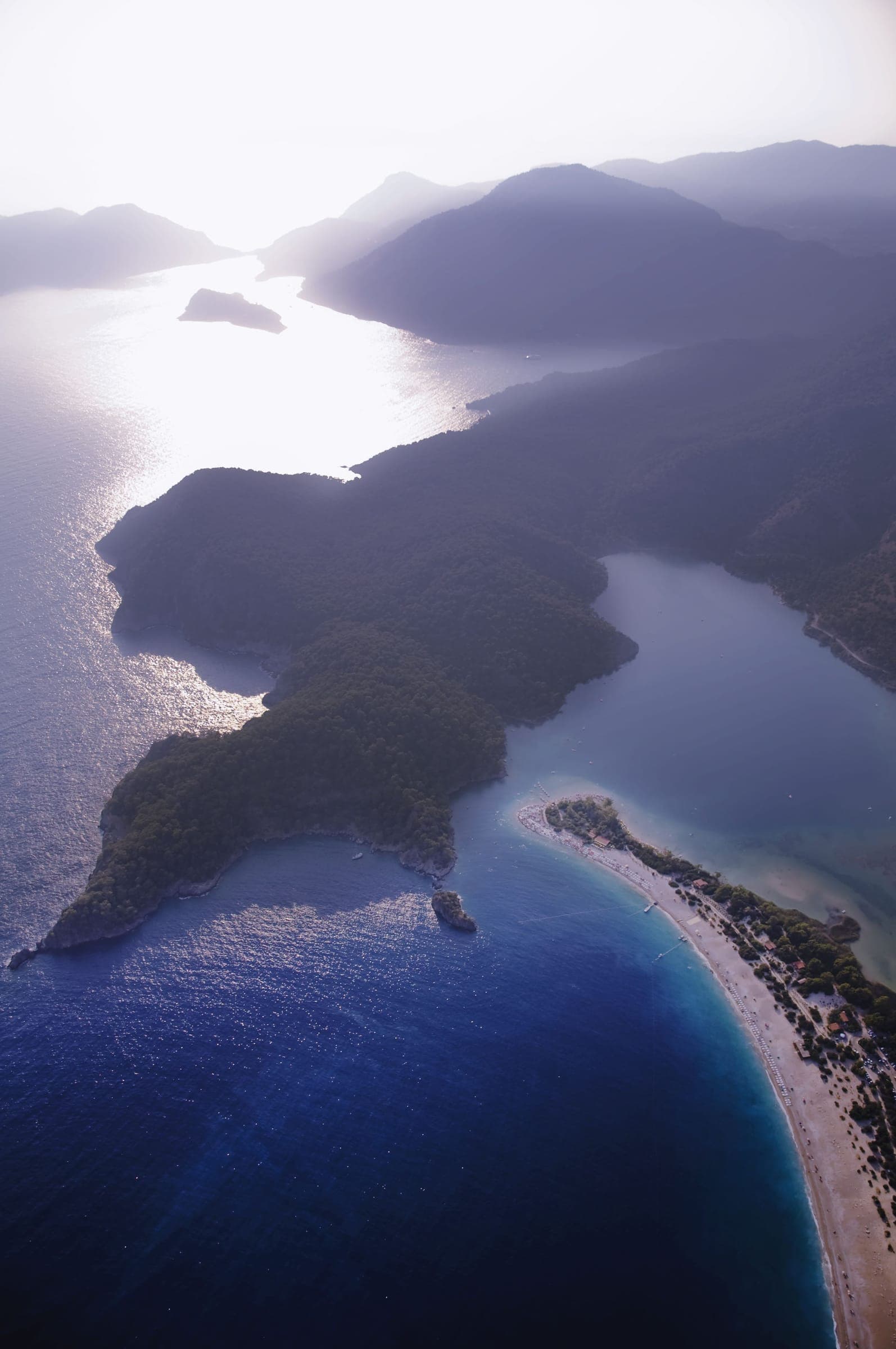 The Ölüdeniz lagoon and its sand spit from above at sunset